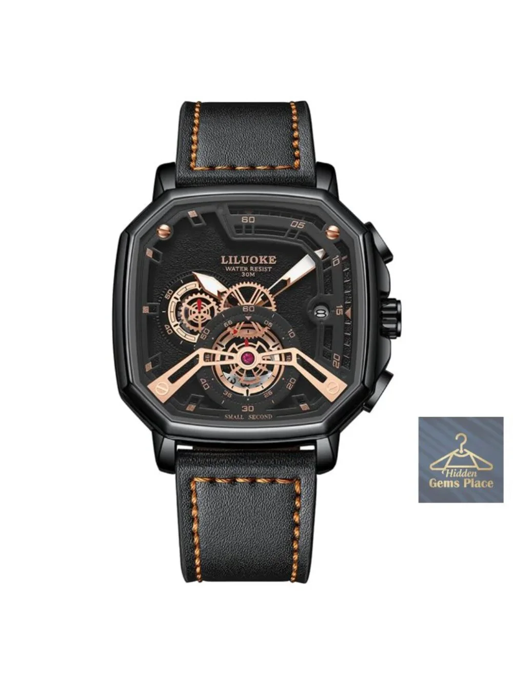 Men's Skeleton Quartz Watch, Luminous Big Face, Leather Strap, 30M Water